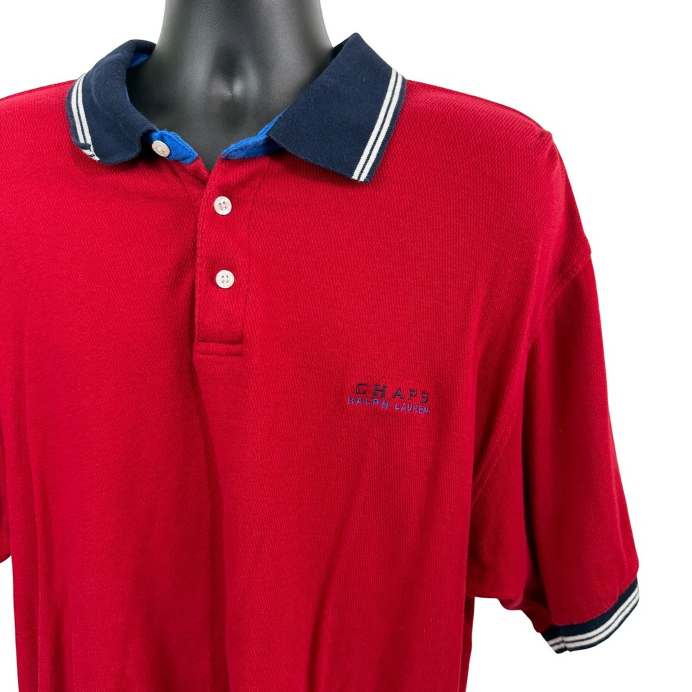 Chaps Ralph Lauren Mens XXL Red Polo Shirt Short Sleeve Tipped Navy Collar VTG